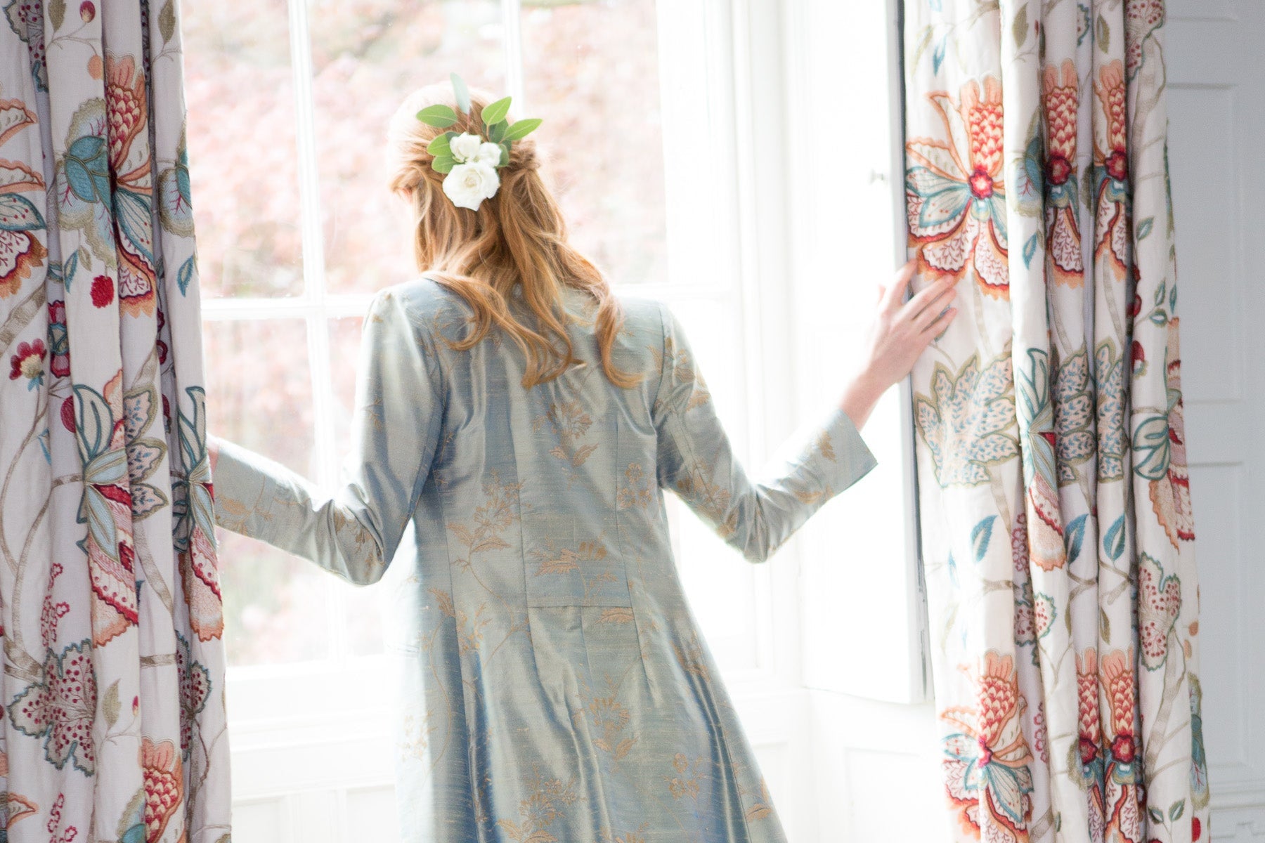 Bridal coat by Shibumi. Light blue silk coat with golden flowers. Mature bride outfit.