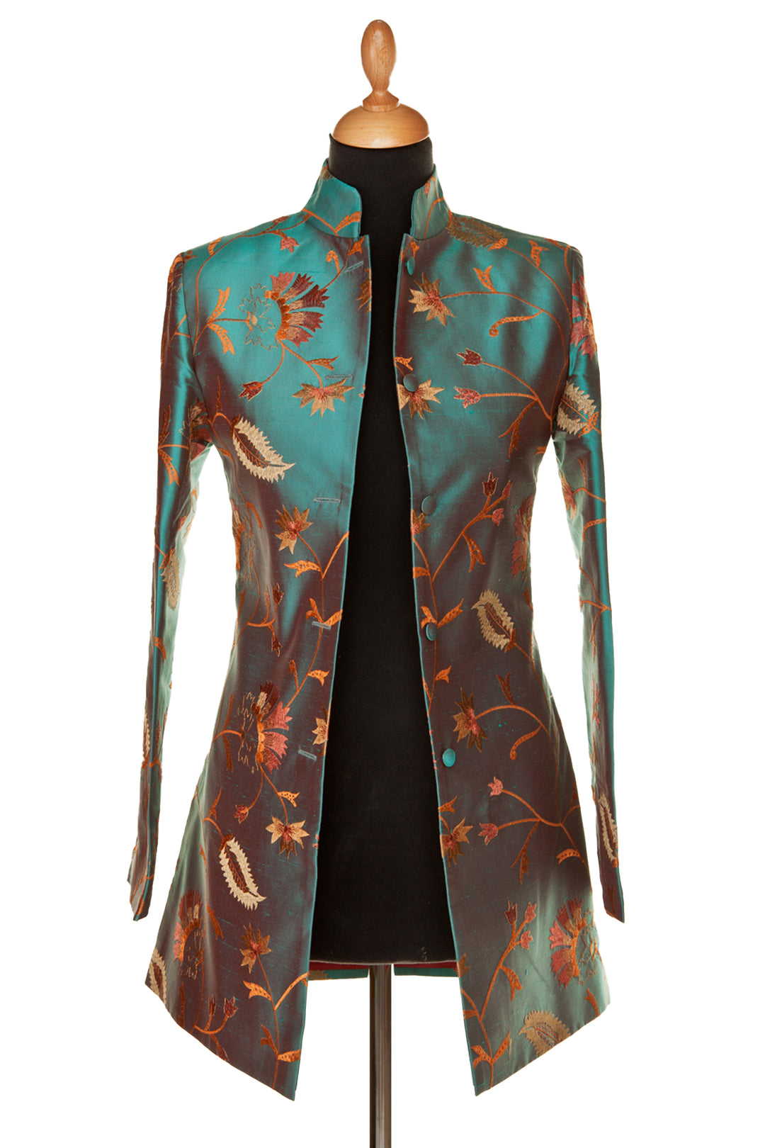 Silk longline jacket in green with embroidered golden flowers. Event jacket for women.