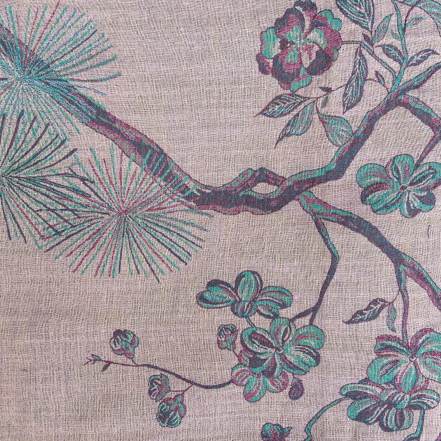 Pink cashmere fabric with floral pattern for wedding guest outfits.