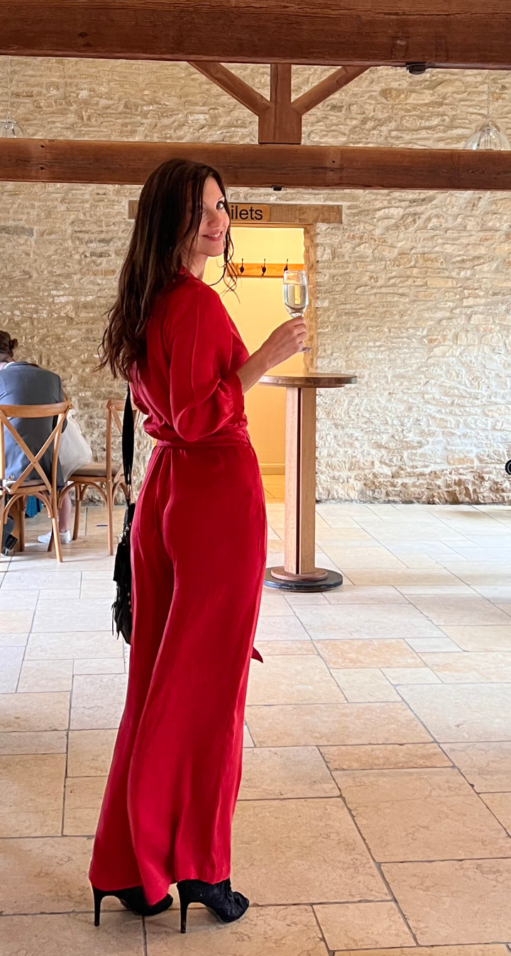 Long red playsuit. Silk women's jumpsuit.