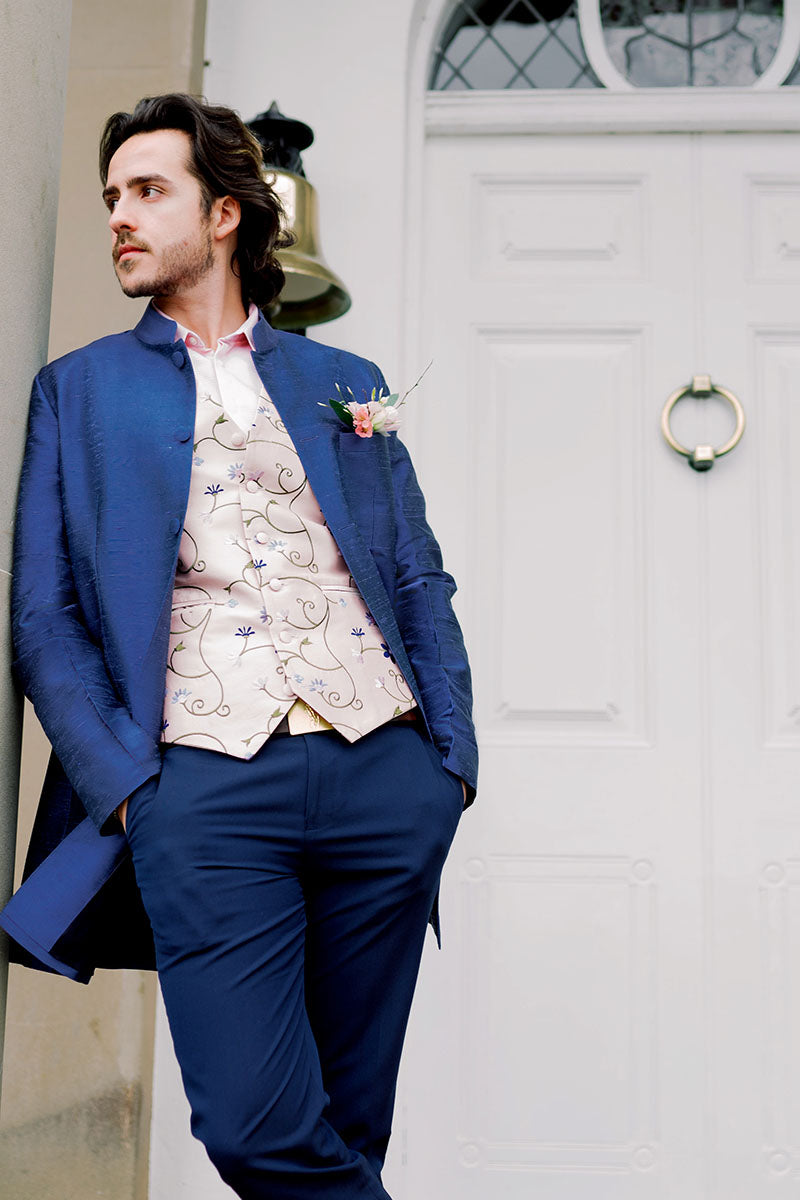 Blue silk men's nehru jacket. Groom's jacket with mandarin collar.