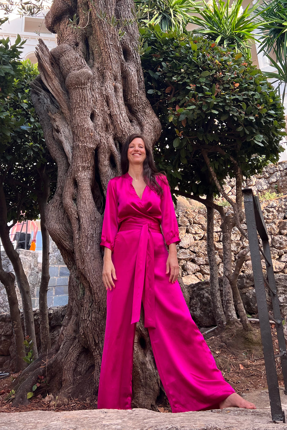 Long silk jumpsuit for women. Pink plus size jumpsuit.