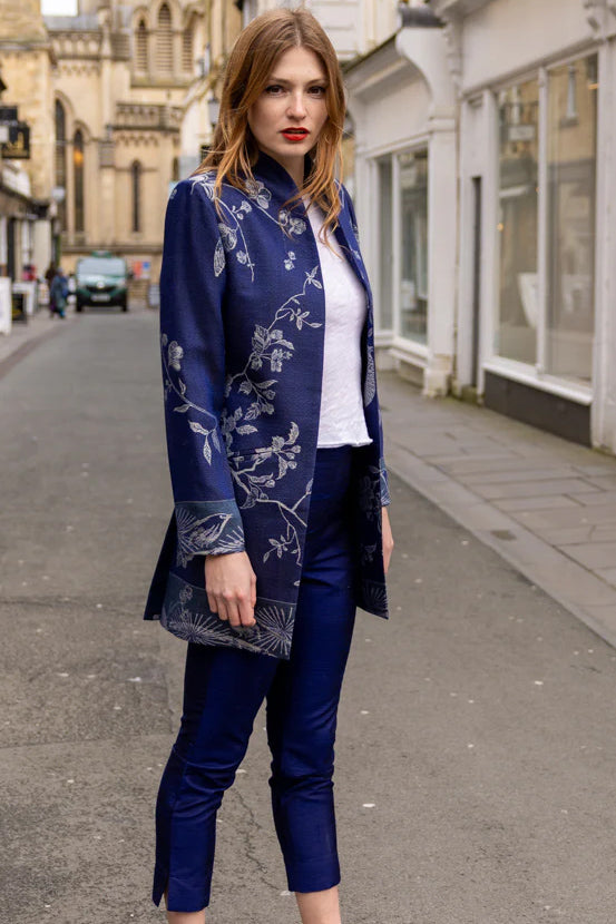 blue cashmere jacket with silk trousers