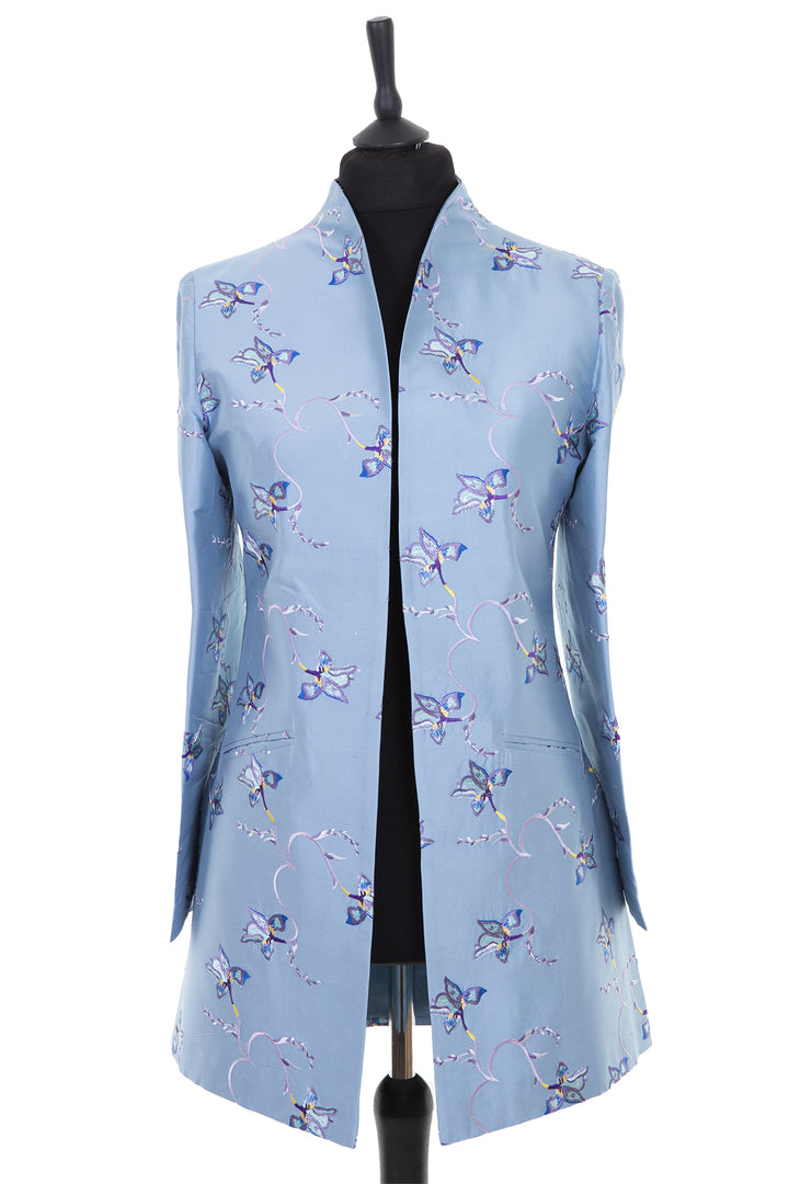 Silk blue open women's jacket. Long jacket with floral embroidery for weddings.