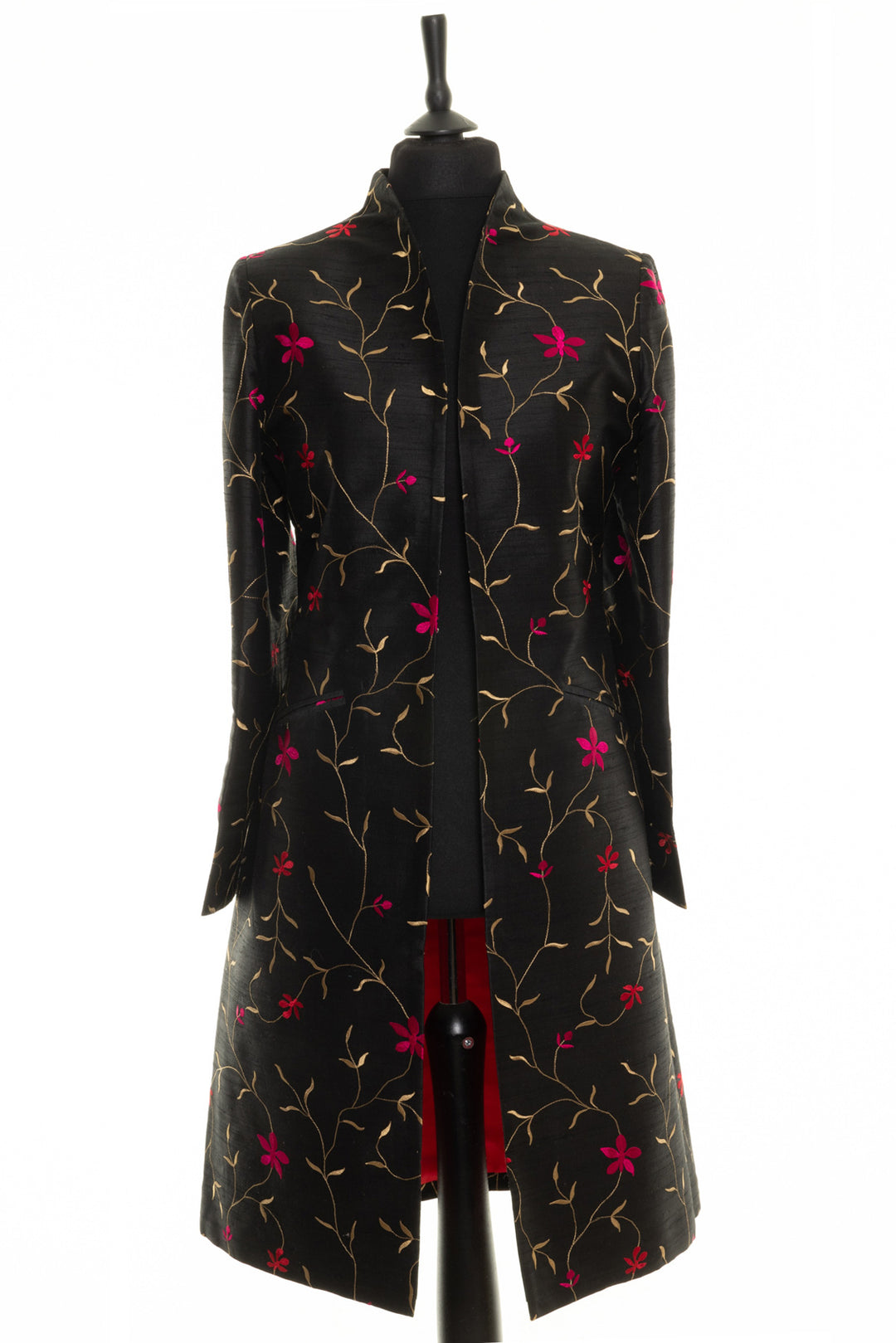 Timeless Nehru collar silk coat for women with exquisite embroidery, ideal for special occasions. This black women coat is design to be worn open.