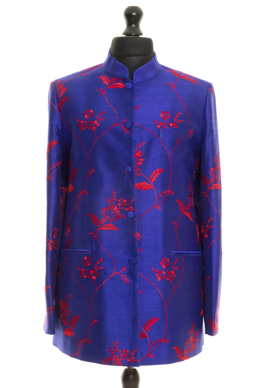 Silk bright cobalt blue men's jacket with red flowers. Elegant mandarin collar men's jacket.