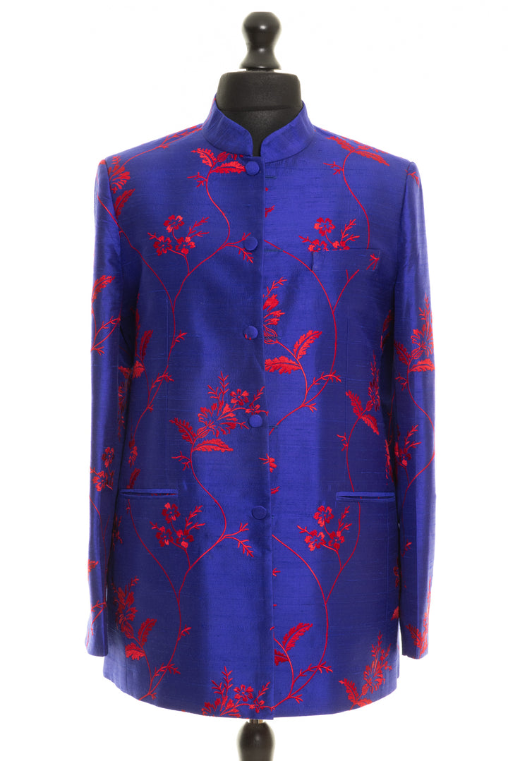 Silk bright cobalt blue men's jacket with red flowers. Elegant mandarin collar men's jacket.