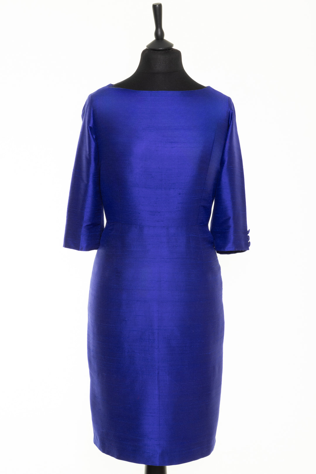 Raw cobalt dress. Silk shift dress with long sleeves and 3 buttons on the edge of each sleave. Bateau neck dress in blue ideal for mother of the groom or bride. Over 50s dress.