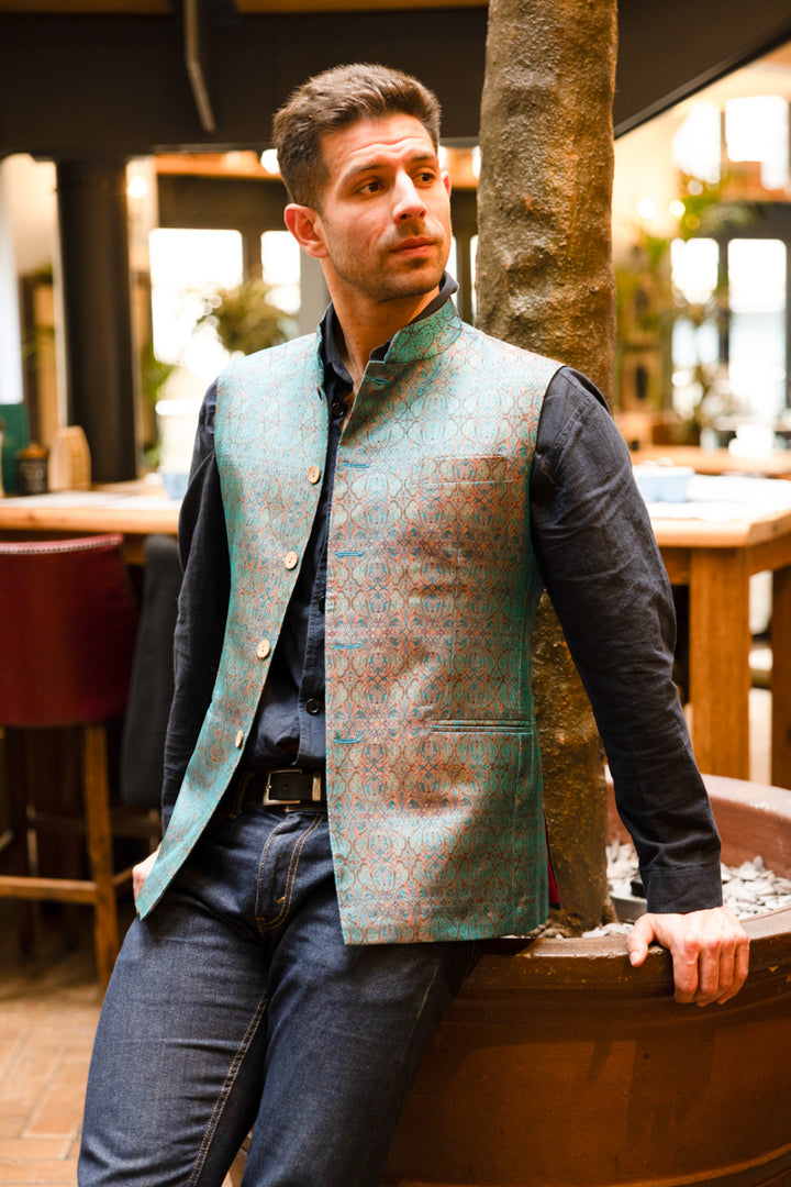 handmade silk men's waistcoat in blue with geo pattern