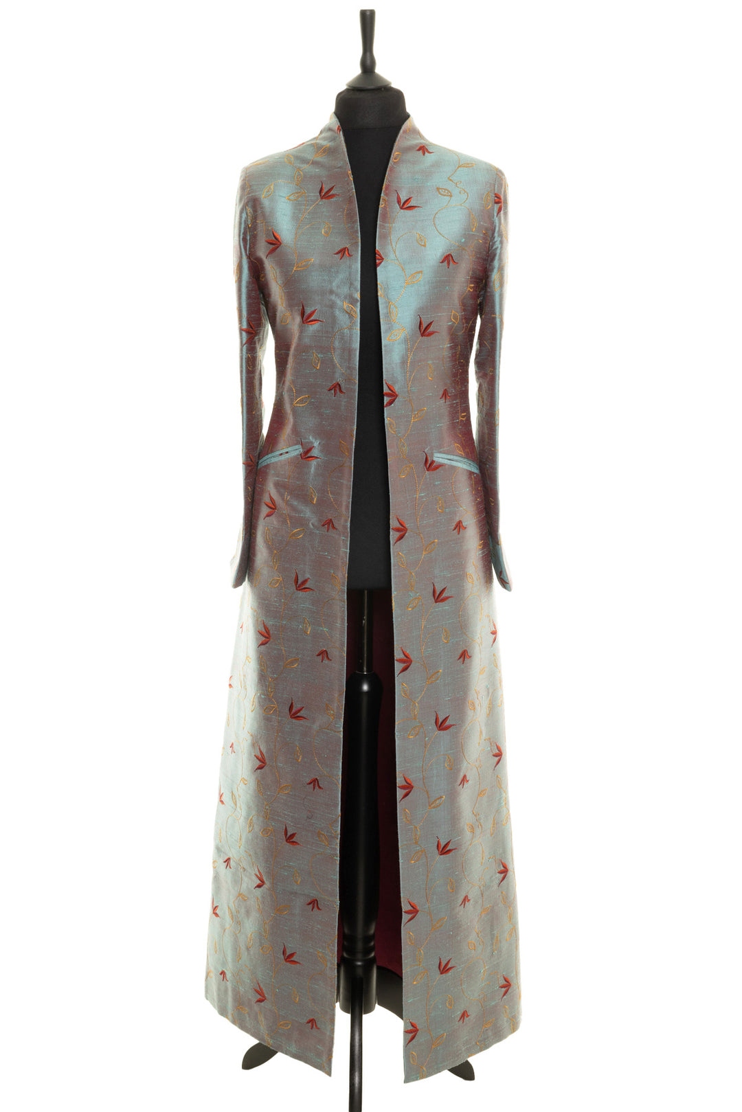 High-end silk opera coat with exquisite embroidery for upscale events. This women's maxi coat in in smokey blue colour with red and yellow delicate embroidery.