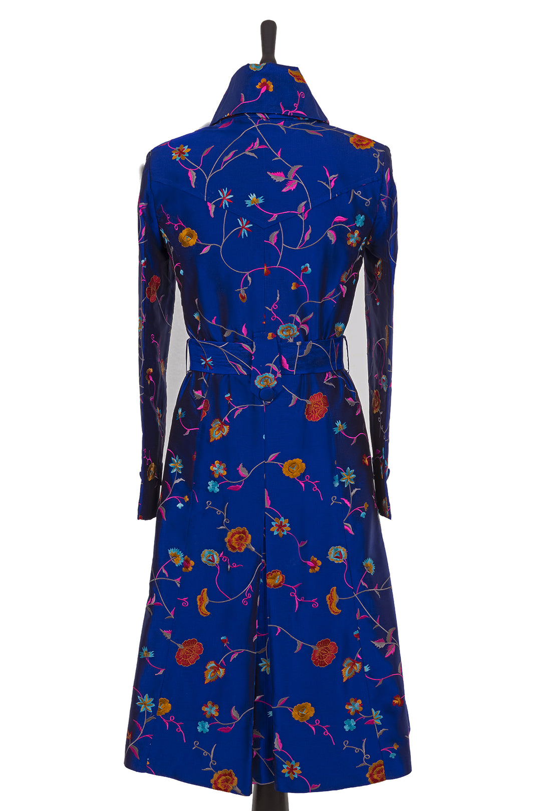 Blue high collar trench coat. Soft flower pattern. Elegant coat for weddings and events.