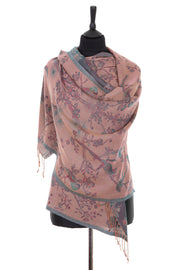 Womens reversible cashmere shawl in dusty pink and iridescent teal