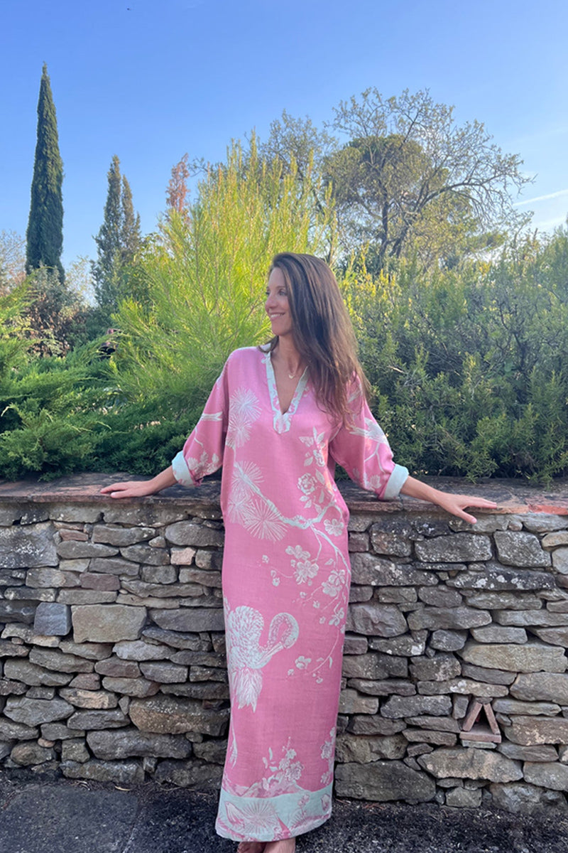 Long pink kaftan. Floral pattern kaftan dress. Plus size summer dress.