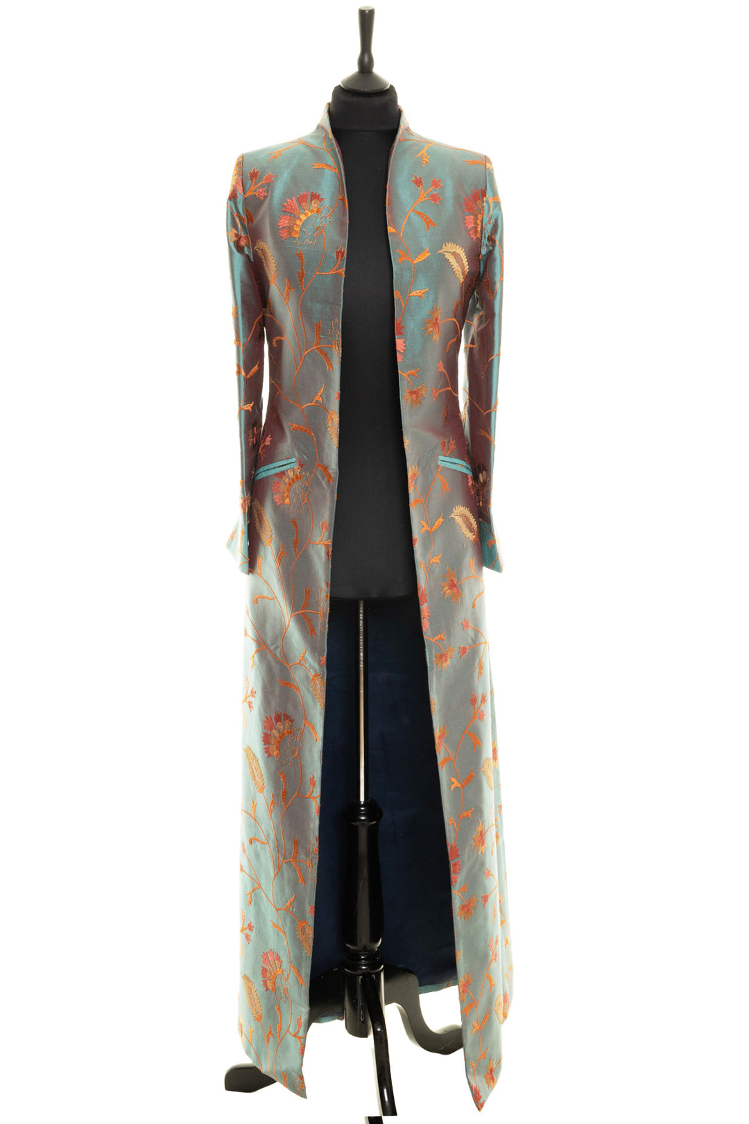 Teal coloured long coat for women. Floral pattern silk coat.