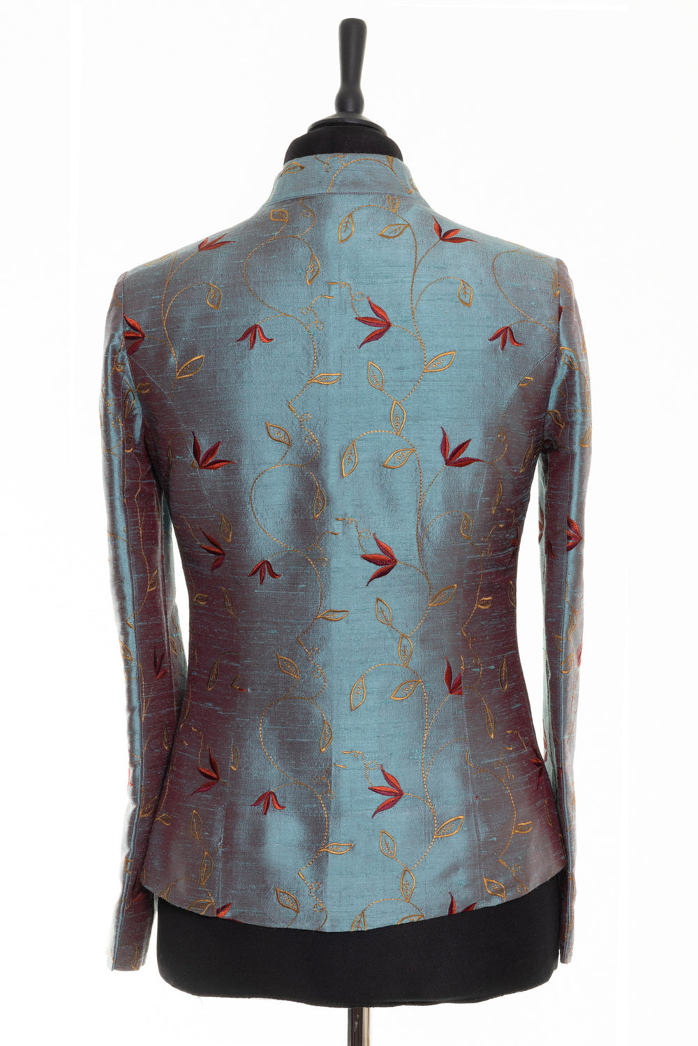 Short silk blue floral jacket with delicate embroidery- red and yellow flowers. Wedding guest jacket for women.