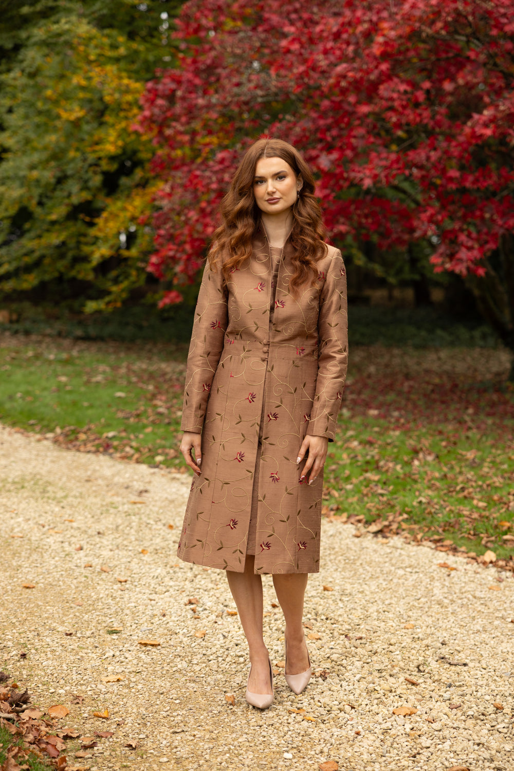 Brown fitted silk coat for women. Dress coat with soft floral embroidery. Wedding guest coat for women.