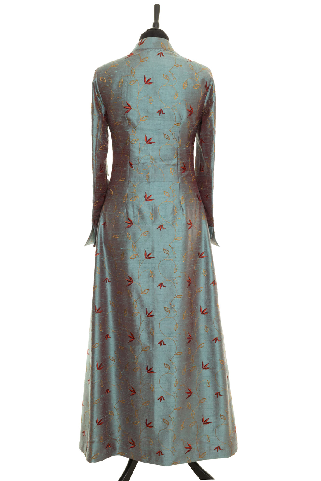 Embroidered silk evening coat for mother of the bride and groom. Full length women's coat that is fitted and ideal for plus size. Smokey blue silk fabric with floral pattern.