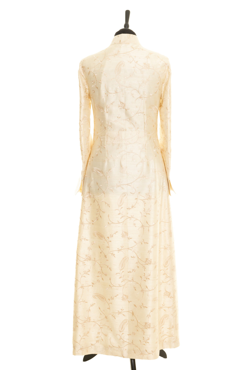 Beautiful long silk ivory coat, perfect for brides. Long fitted beige coat with same colour embroidery.
