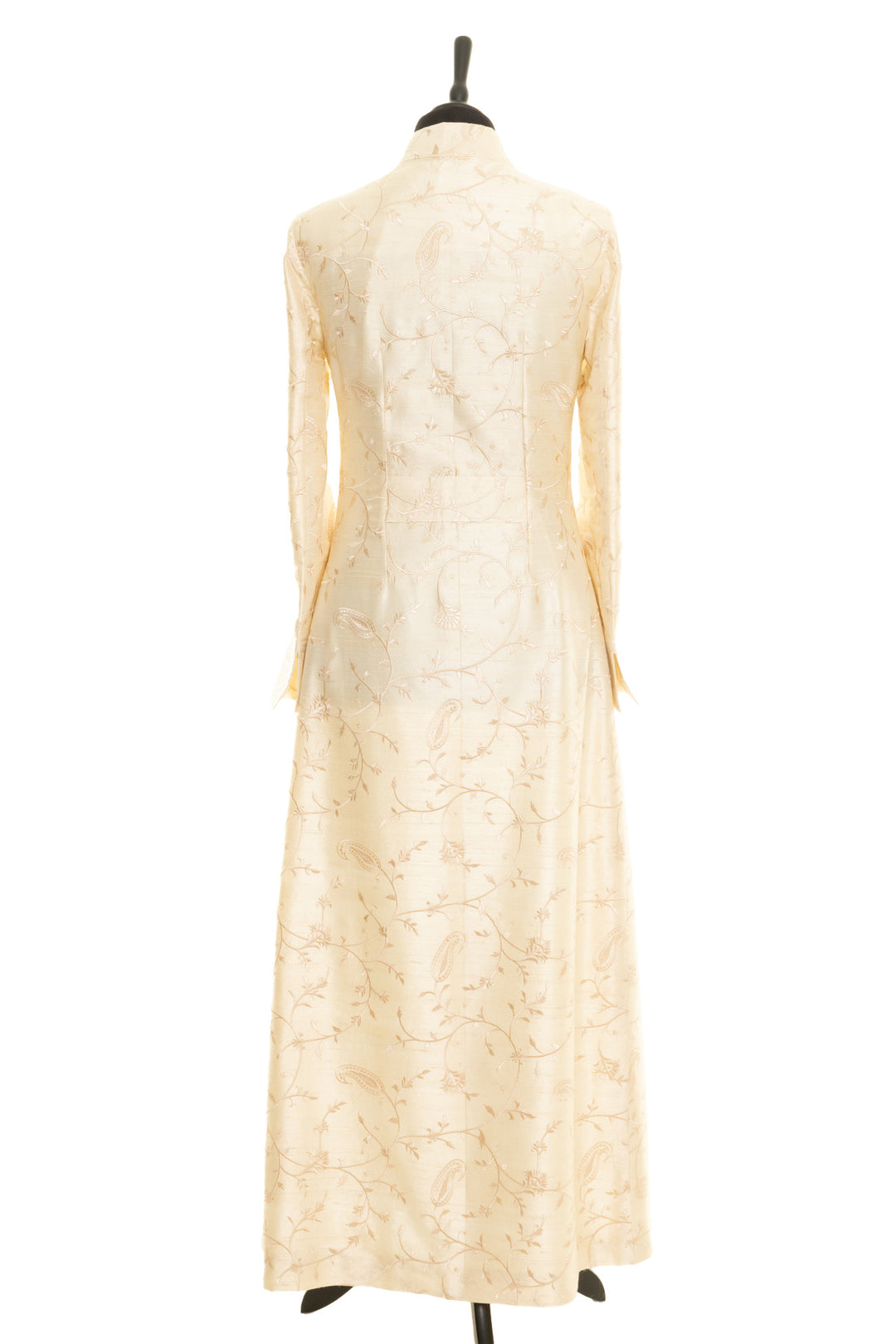Beautiful long silk ivory coat, perfect for brides. Long fitted beige coat with same colour embroidery.