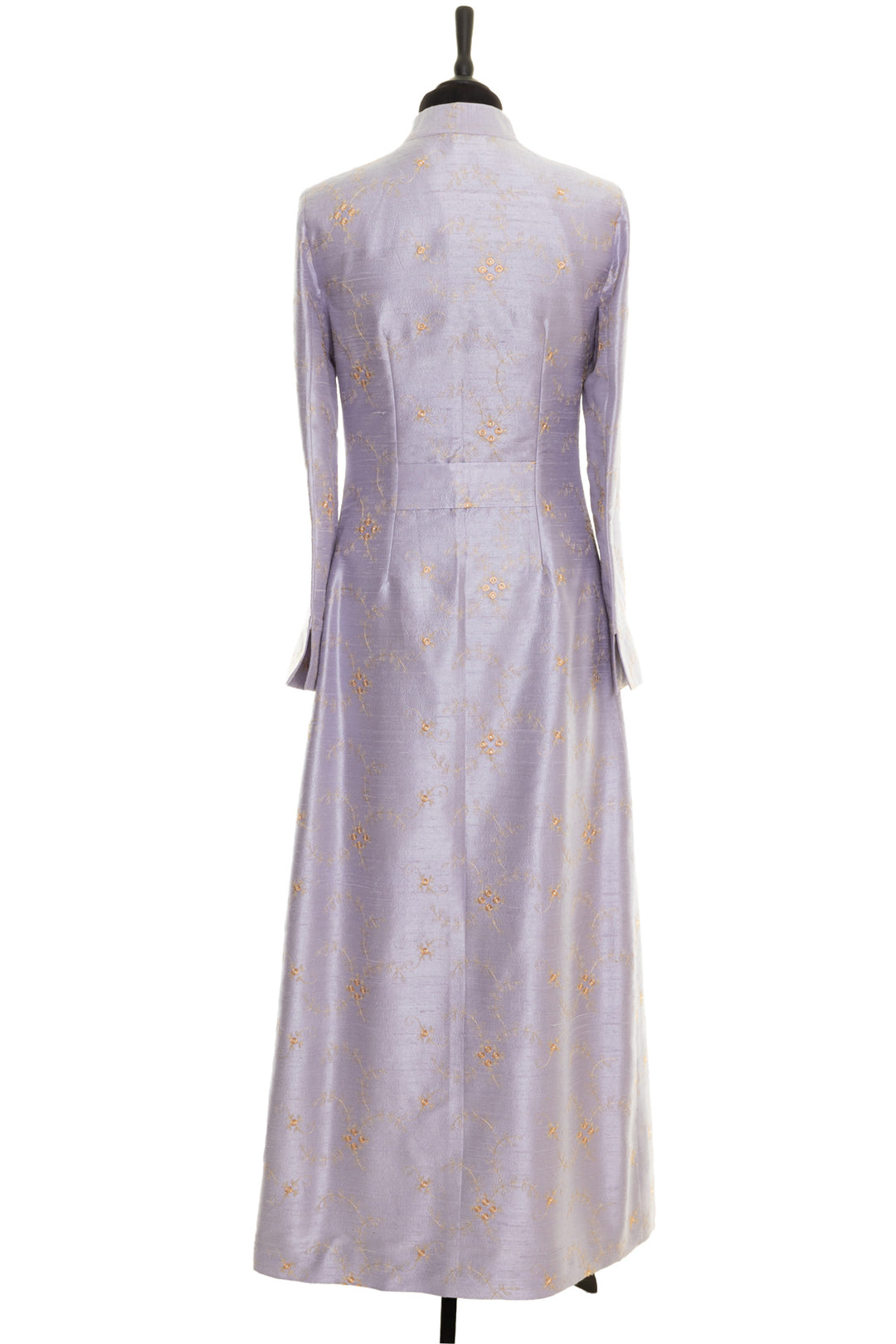 Elegant embroidered long silk coat, ideal for wedding guests and formal occasions. Lilac coat with golden embroidered floral pattern.