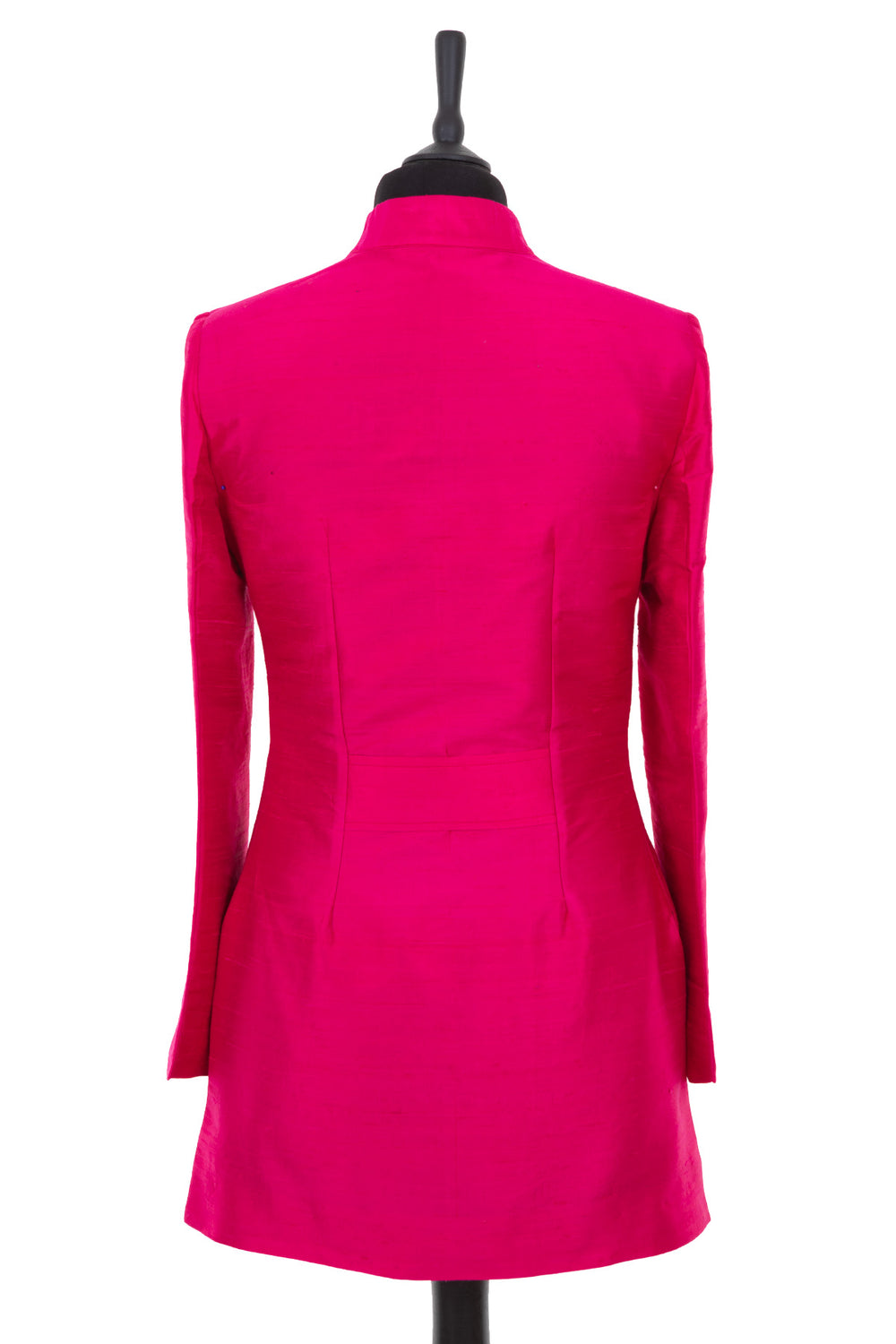 Womens longline jacket with a soft curved collar and half belt in a hot pink plain raw silk, beautiful fitted jacket for weddings