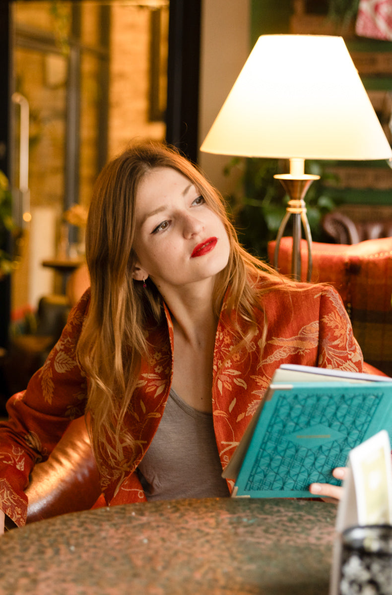 bright ladies jacket with flowers and birds
