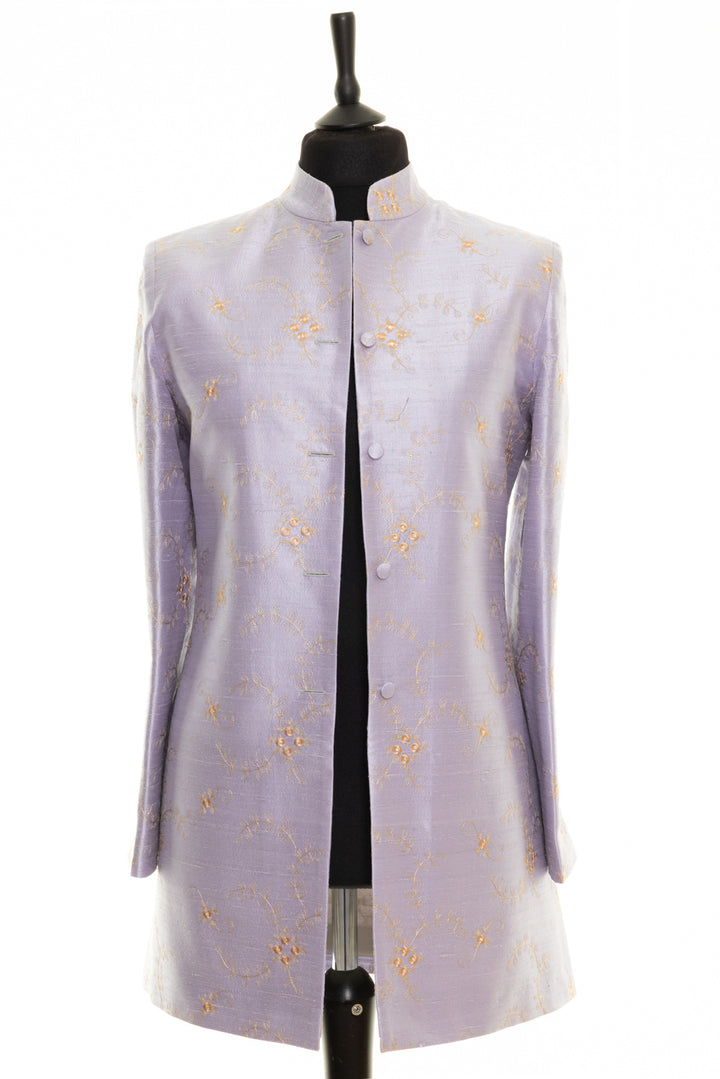 Silk Nehru collar jacket for women, handcrafted with embroidery, perfect for weddings and special occasions. This jacket is light purple and would be ideal for mother of the bride.