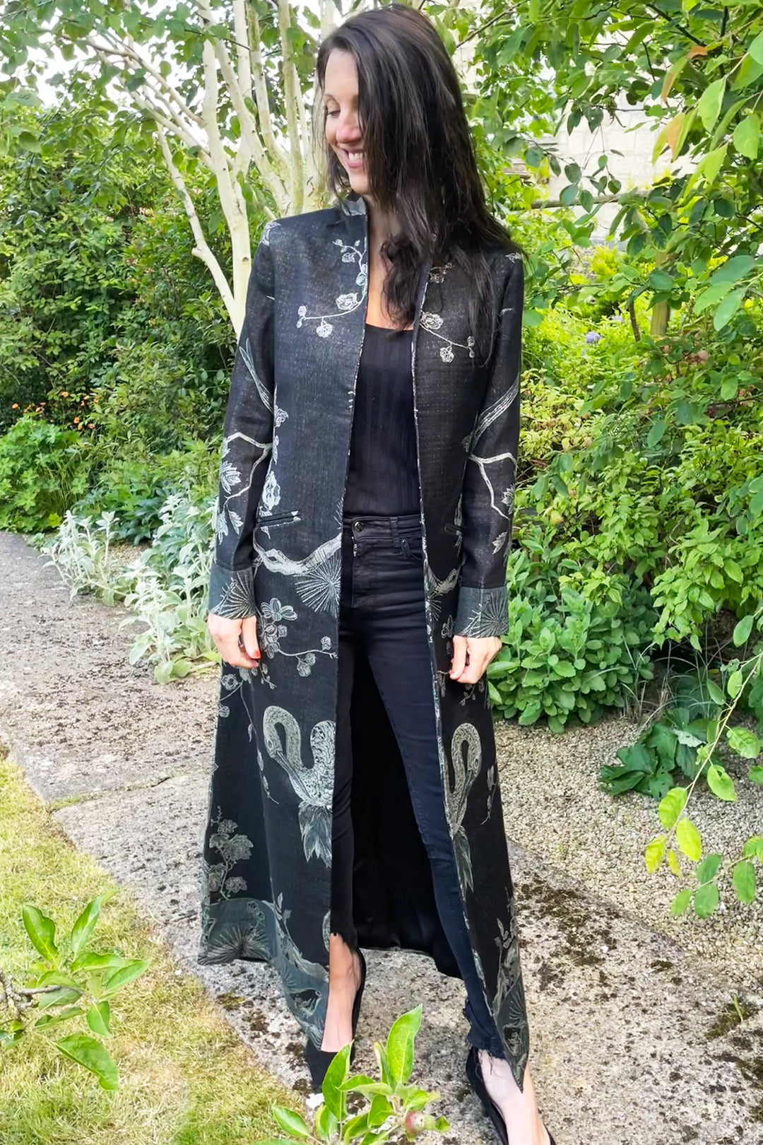 Maxi black coat for women. Flowers and birds in silver. Unique stunning long coat. Elegant plus size outfit.