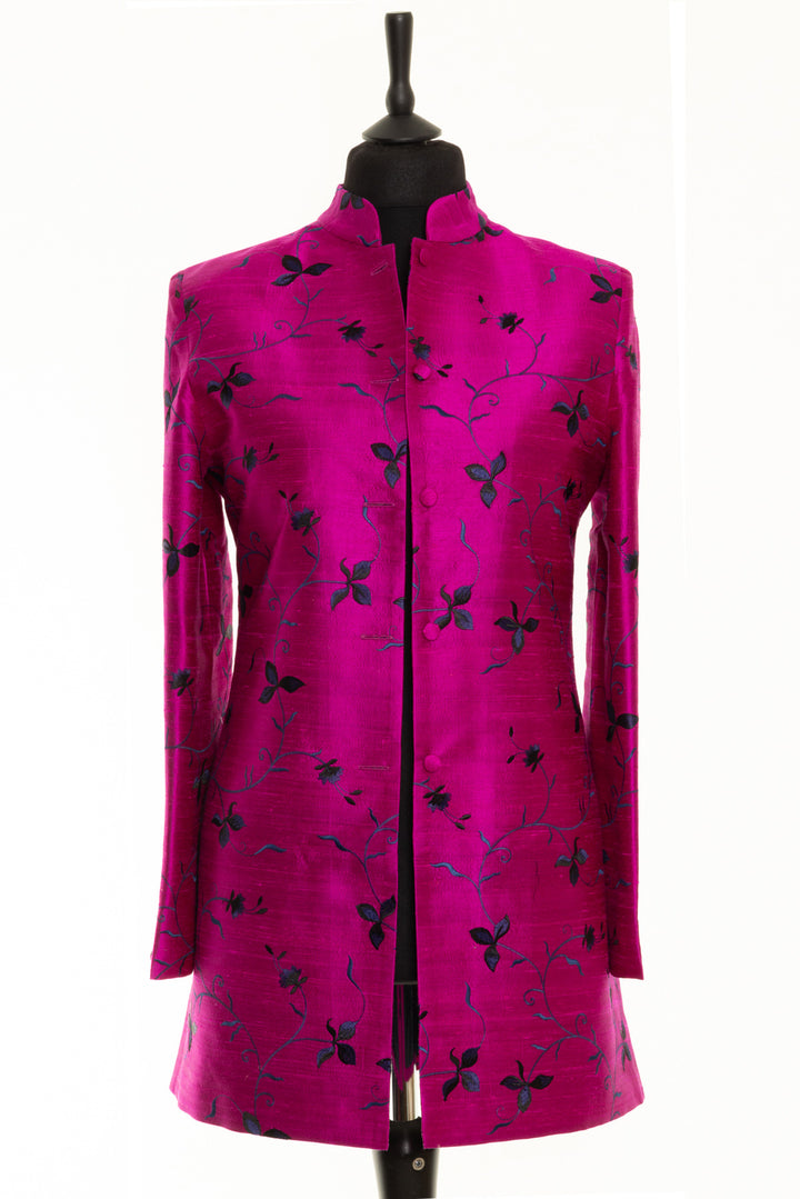 Long nehru collar jacket for women. Bright pink jacket for ladies over 50.