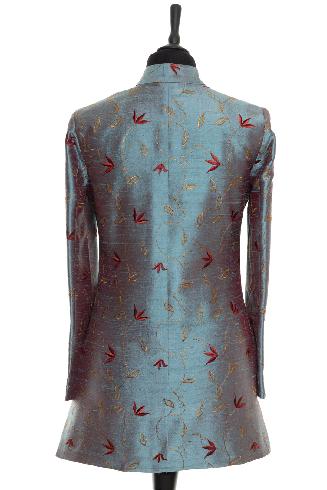 Long silk jacket in blue with red floral pattern. Mother of the groom smokey blue jacket.