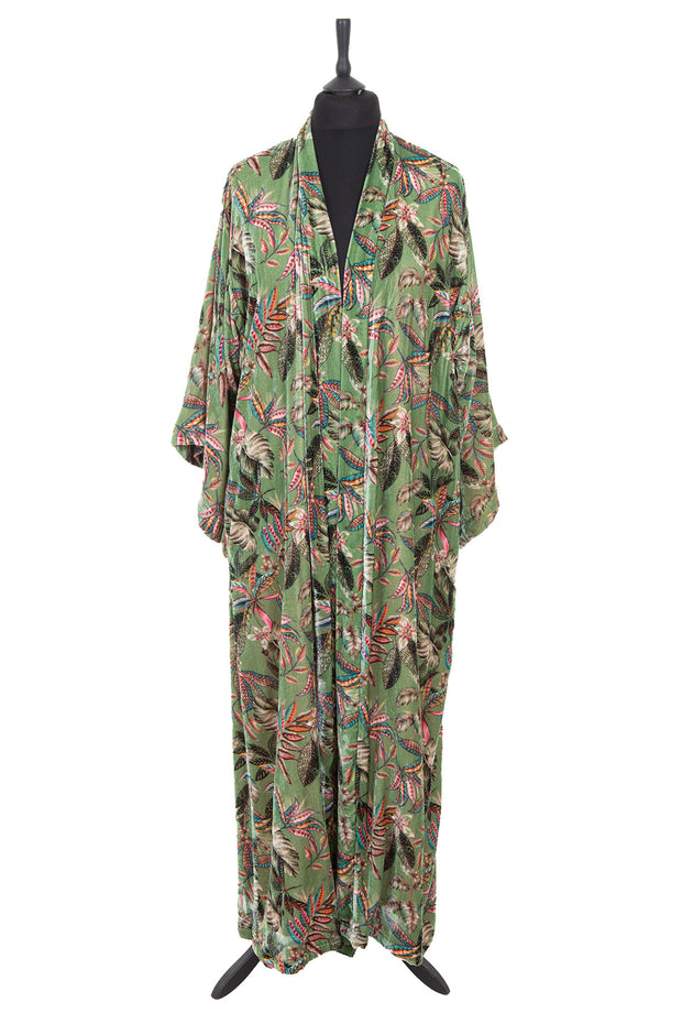 Womens silk velvet dressing gown in a sumptuous botanical green silk velvet printed with a rich floral design