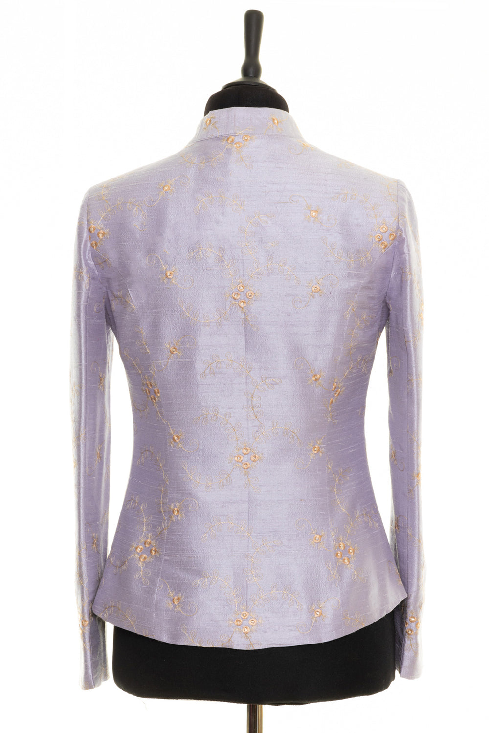 Short silk women's jacket. Handmade lilac jacket designed to be worn open. It has golden floral pattern.