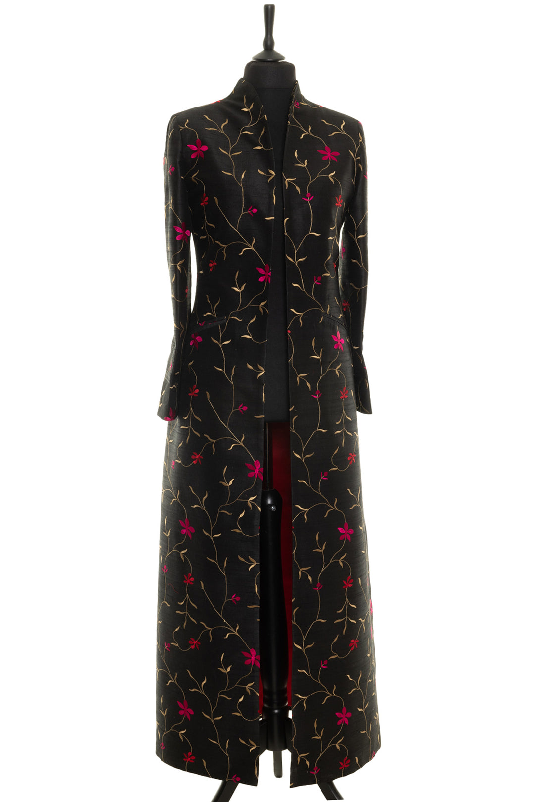 Sophisticated embroidered silk opera coat for special events. This coat in full length made from black silk fabric with golden and pink floral embroidery.