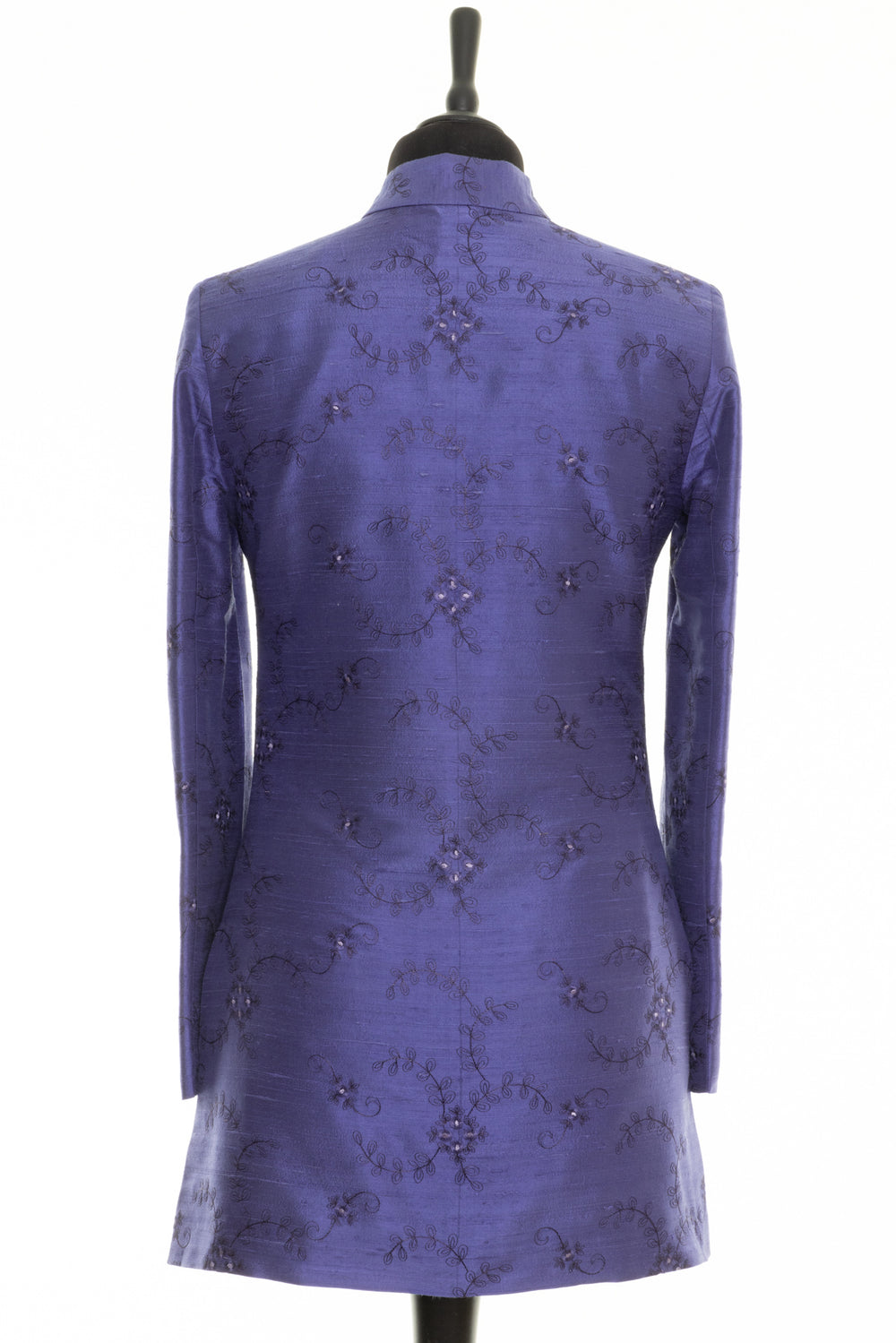 Elegant long women's jacket in periwinkle with floral pattern. Wedding guest periwinkle jacket.