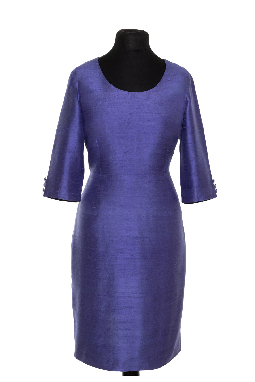 Silk shift dress in raw blue fabric. Mother of the groom dress with long sleeves.