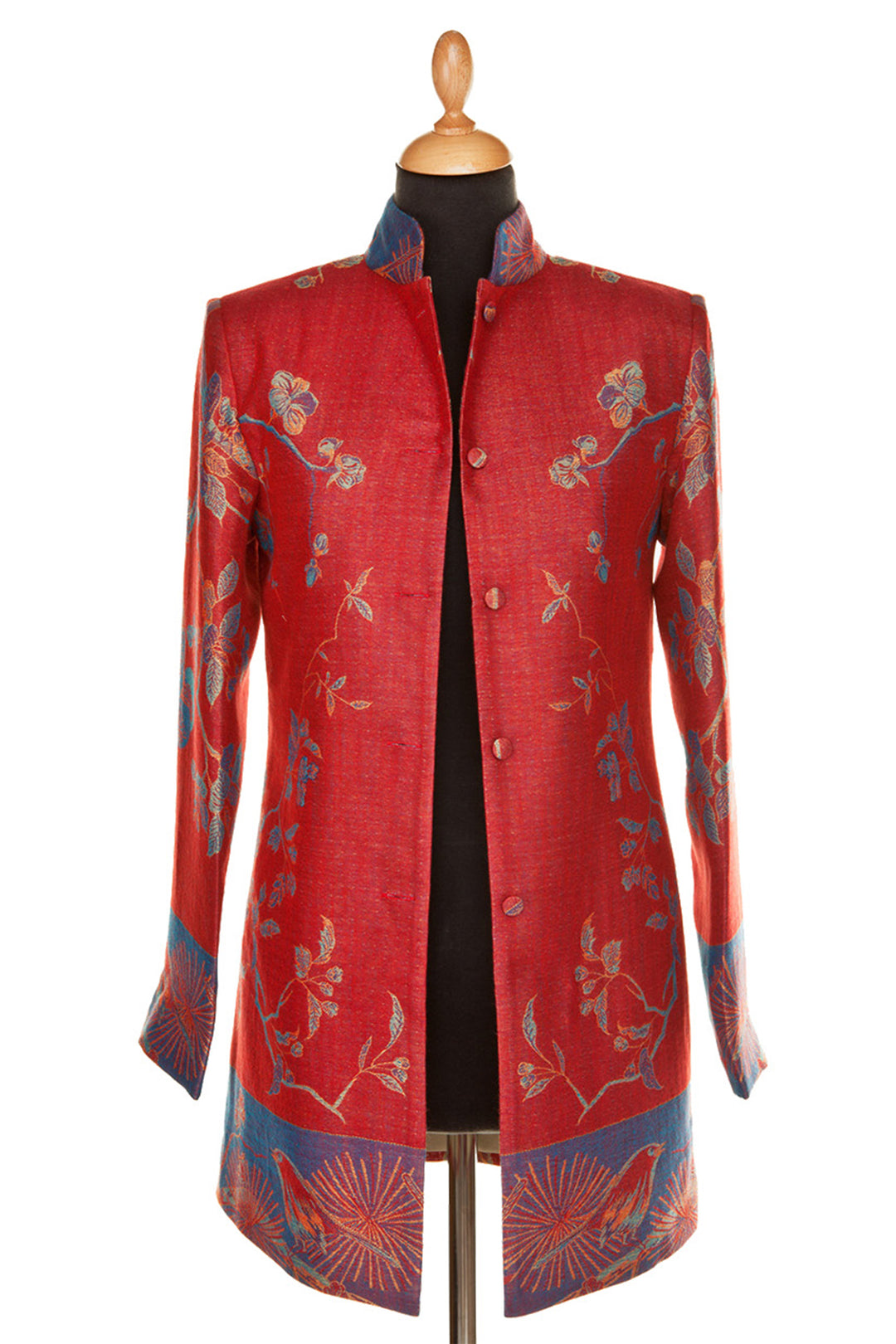 Longline jacket for women. Red floral jacket with high collar.