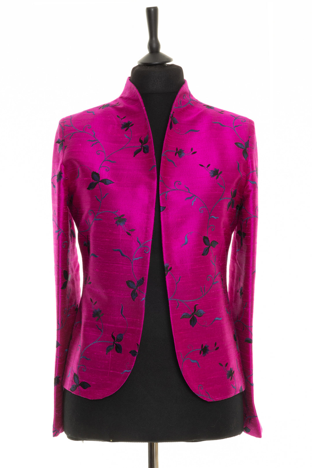 Bright and bold silk women jacket in pink with black floral embroidery. Wedding guest jacket in pink. This jacket is designed to be worn open.