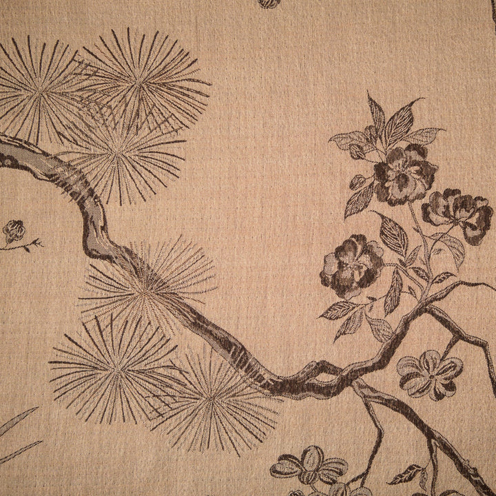 Traditional Chinese ink painting of a branch with flowers and pine needles on a beige background