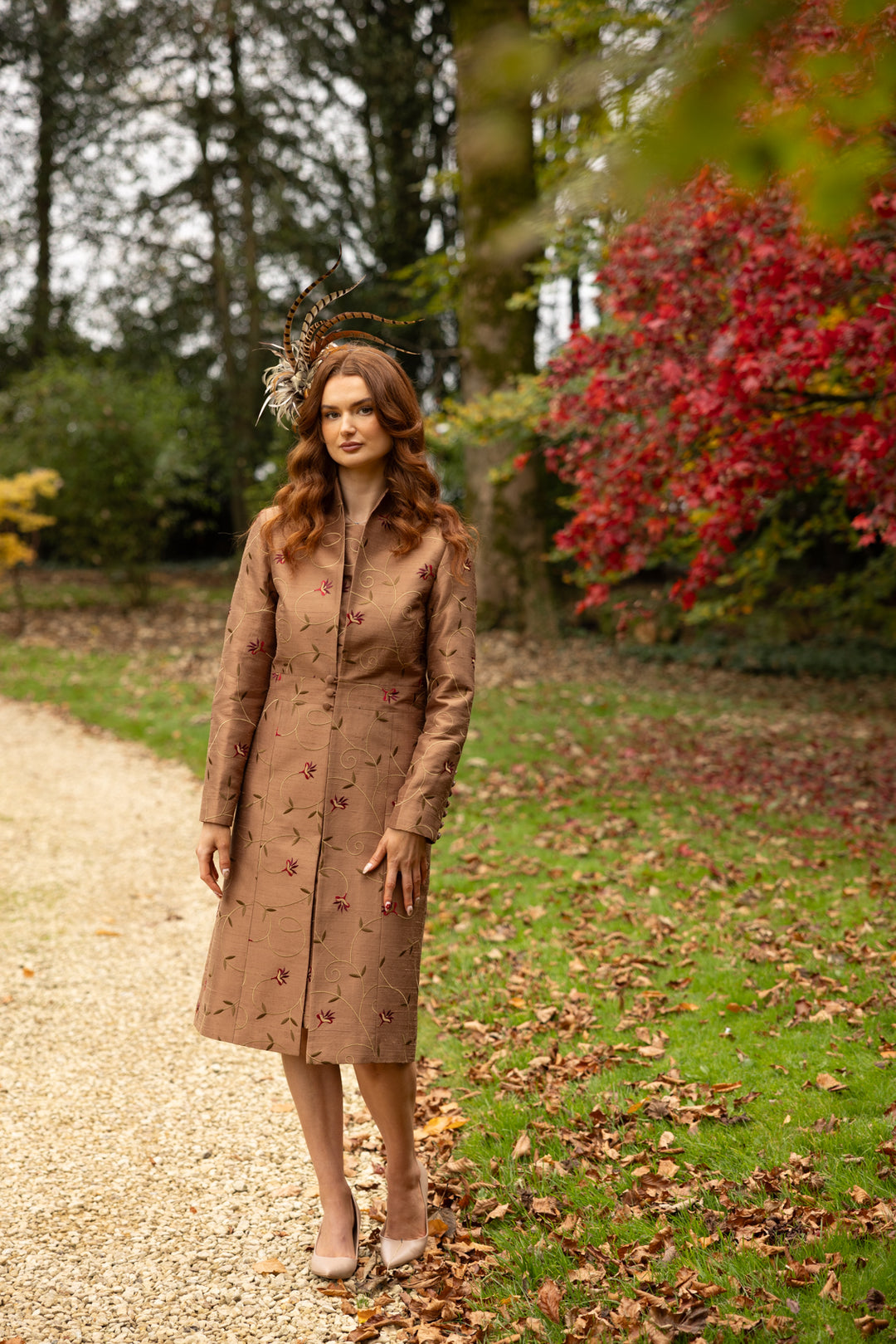 Day at the races outfit. Silk elegant coat with matching dress. Brown with red and yellow embroidery.