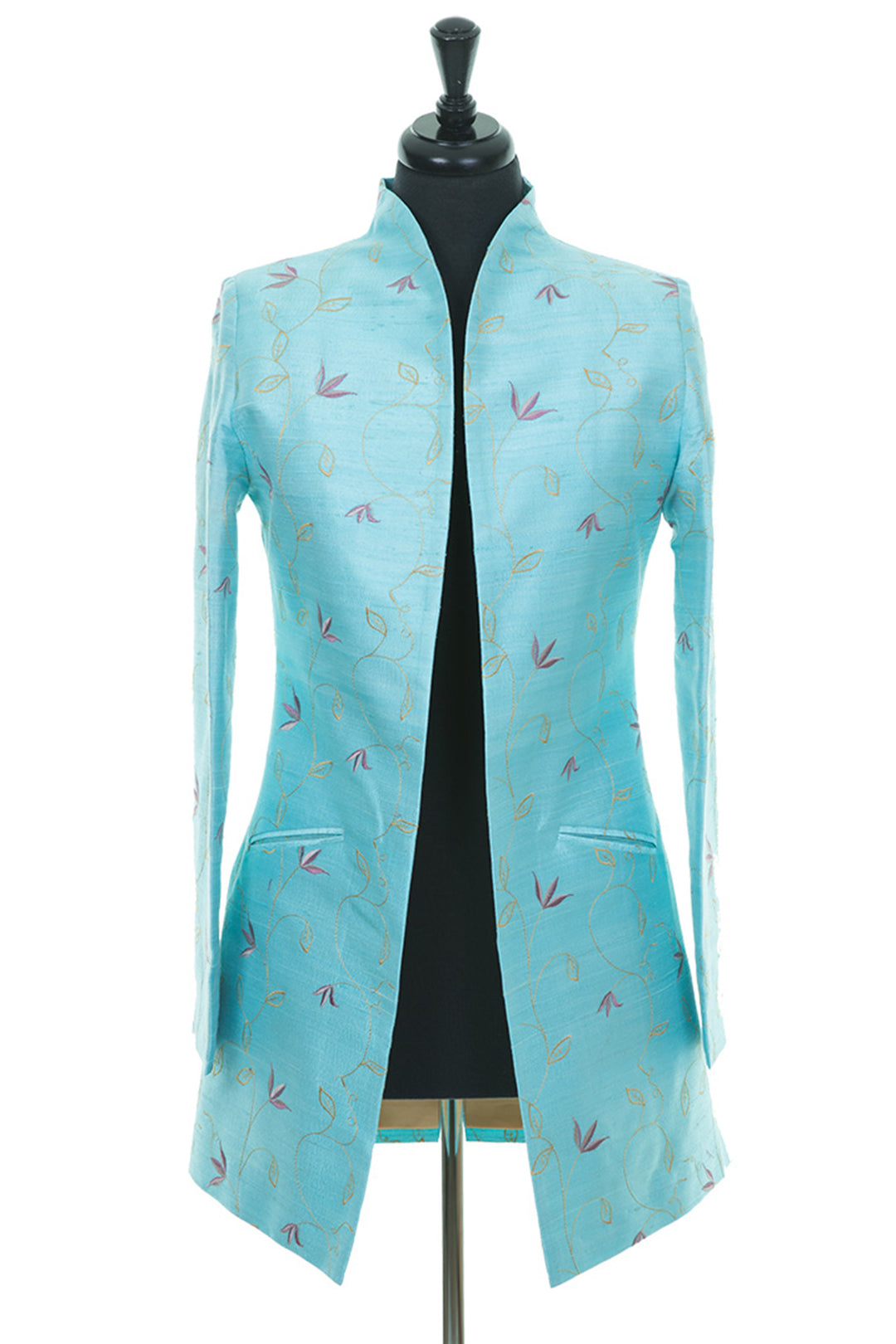 light blue silk jacket with soft flower pattern, mother of the groom outfit