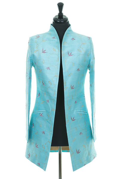 light blue silk jacket with soft flower pattern, mother of the groom outfit 