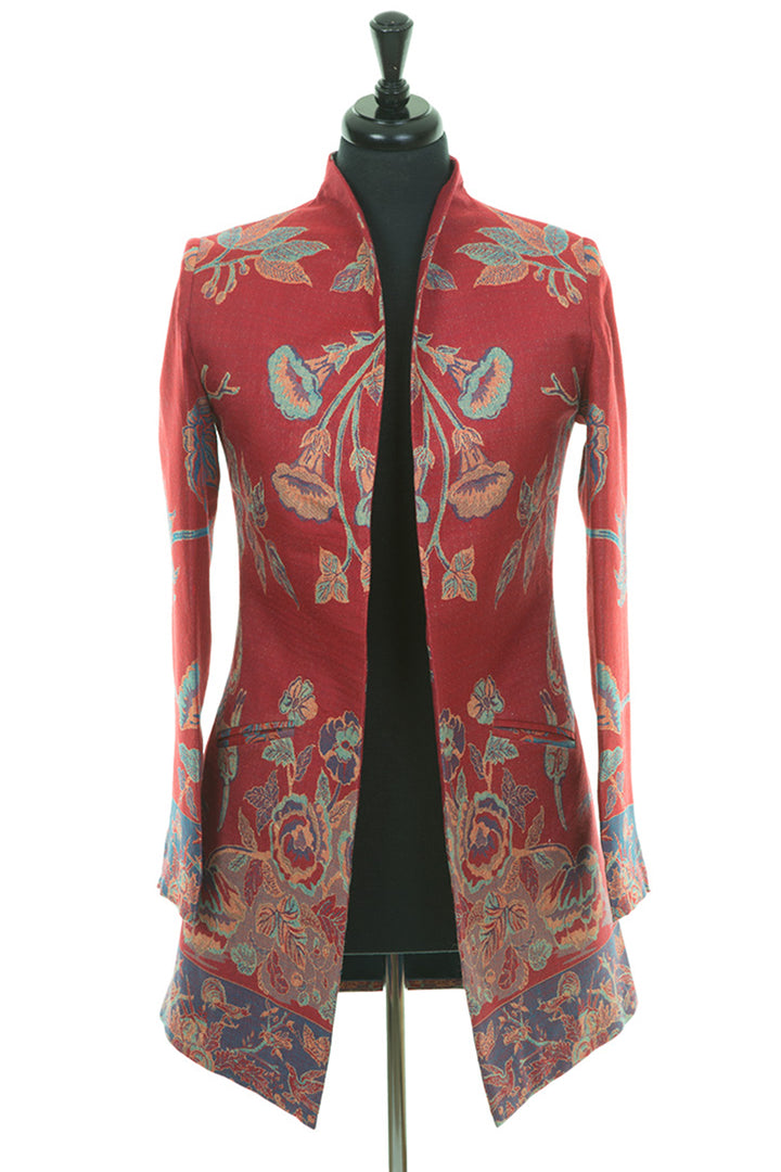 venetian red Shibumi jacket, cashmere red fabric with blue flower pattern, stunning unique ladies jacket