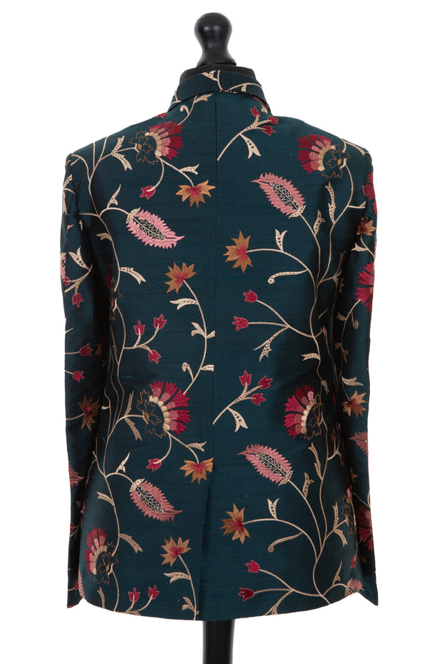 Mens silk blazer in dark green embroidered raw silk with a floral pattern in gold, blush and red