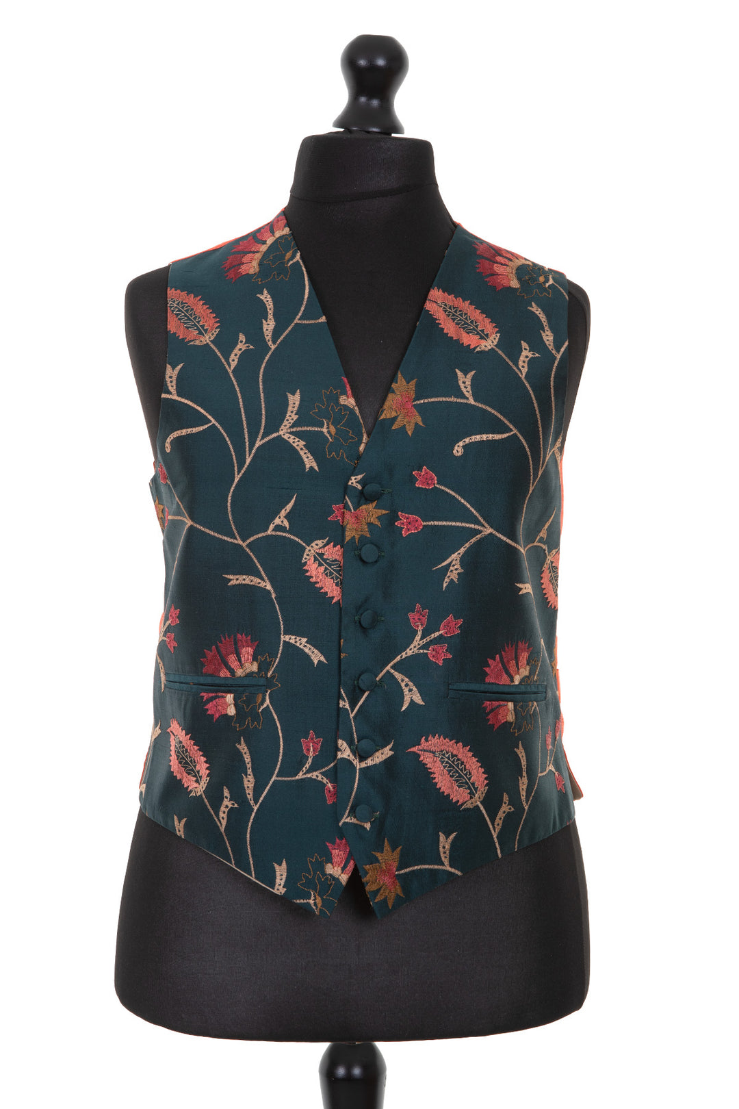 Classic style waistcoat in dark green with embroidered flowers. Formal waistcoat for men.