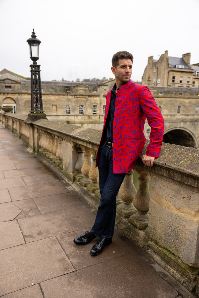 red silk Nehru jacket for men with blue embroidery