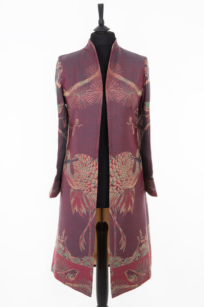 Womens iridescent teal cashmere dress coat, with pink hues