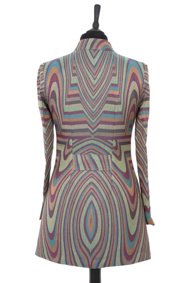 Womens longline jacket with a curved collar, in a striped green, purple, gold and blue cashmere fabric