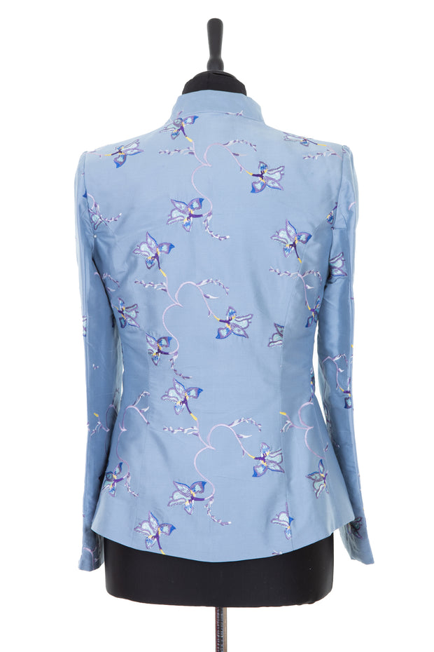 smart silk jacket in light blue with embroidered flowers
