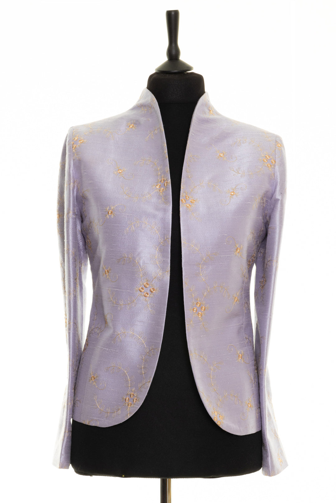 Stylish short fitted jacket in lilac with golden embroidery. This would be a beautiful jacket for a wedding guest. Open ladies jacket.