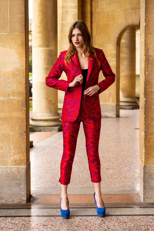 fitted red women's suit with cigarette trousers . ladies trouser suits for weddings